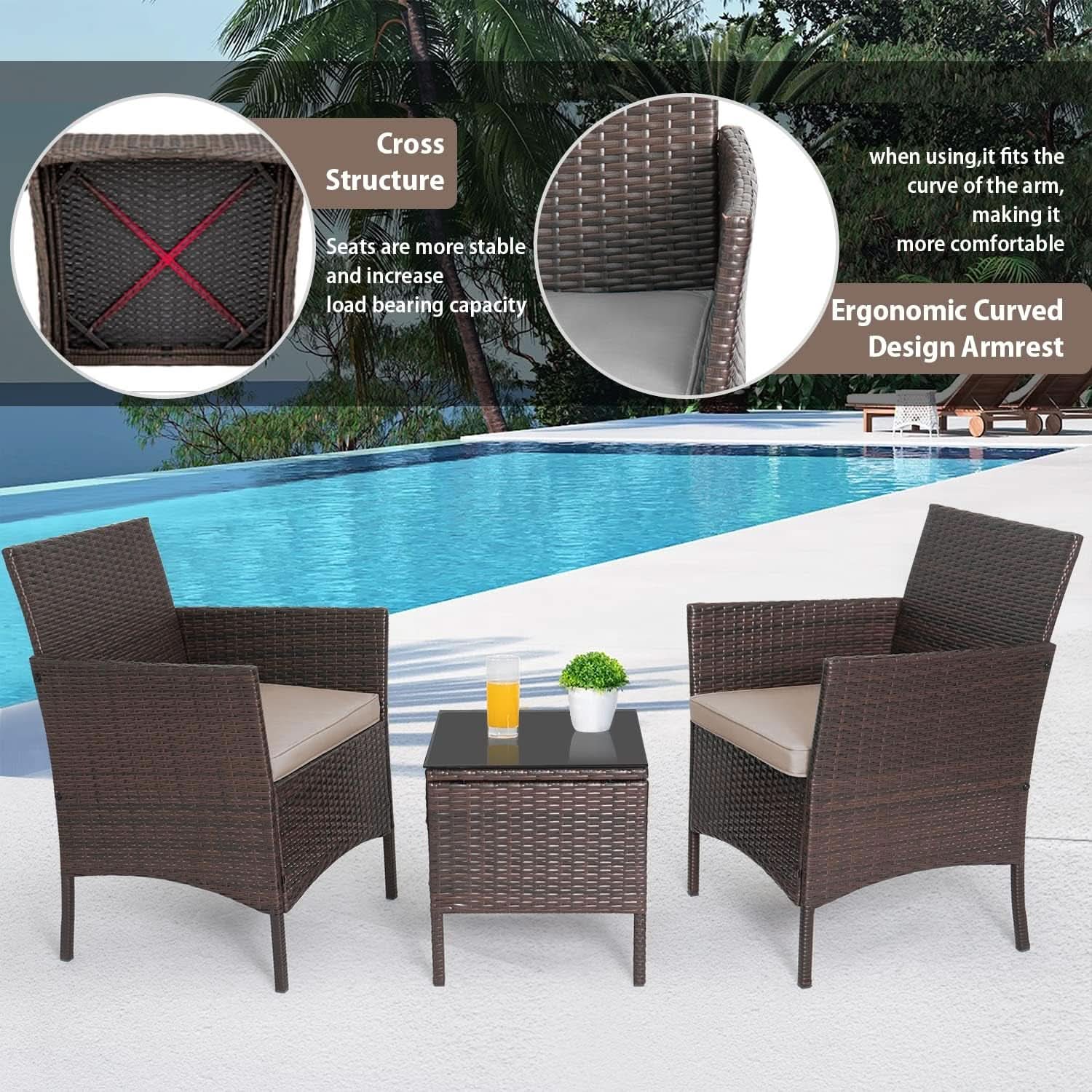 Outdoor Wicker Conversation Bistro Set With 2 Cushions
