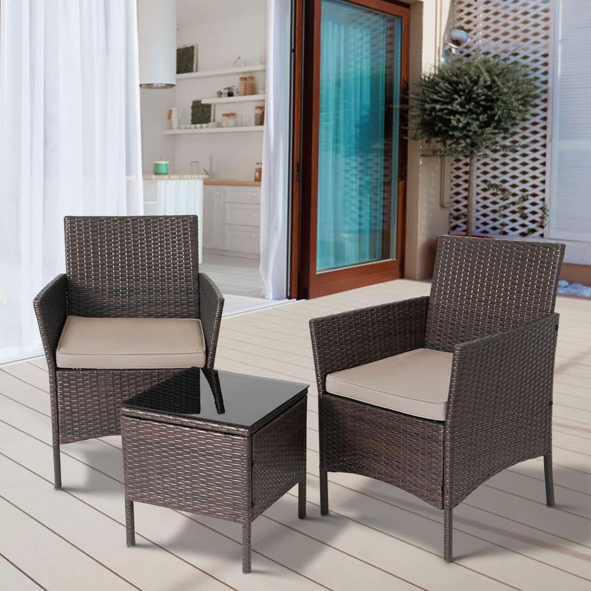 Outdoor Wicker Conversation Bistro Set With 2 Cushions