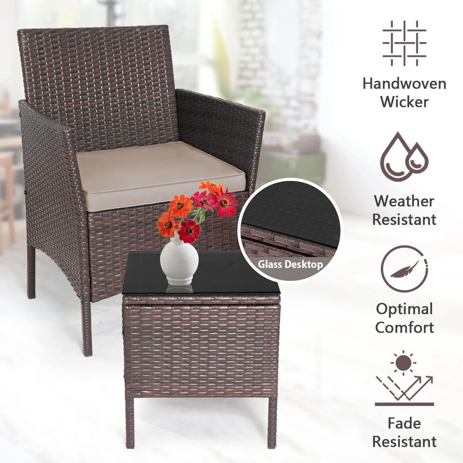 Outdoor Wicker Conversation Bistro Set With 2 Cushions