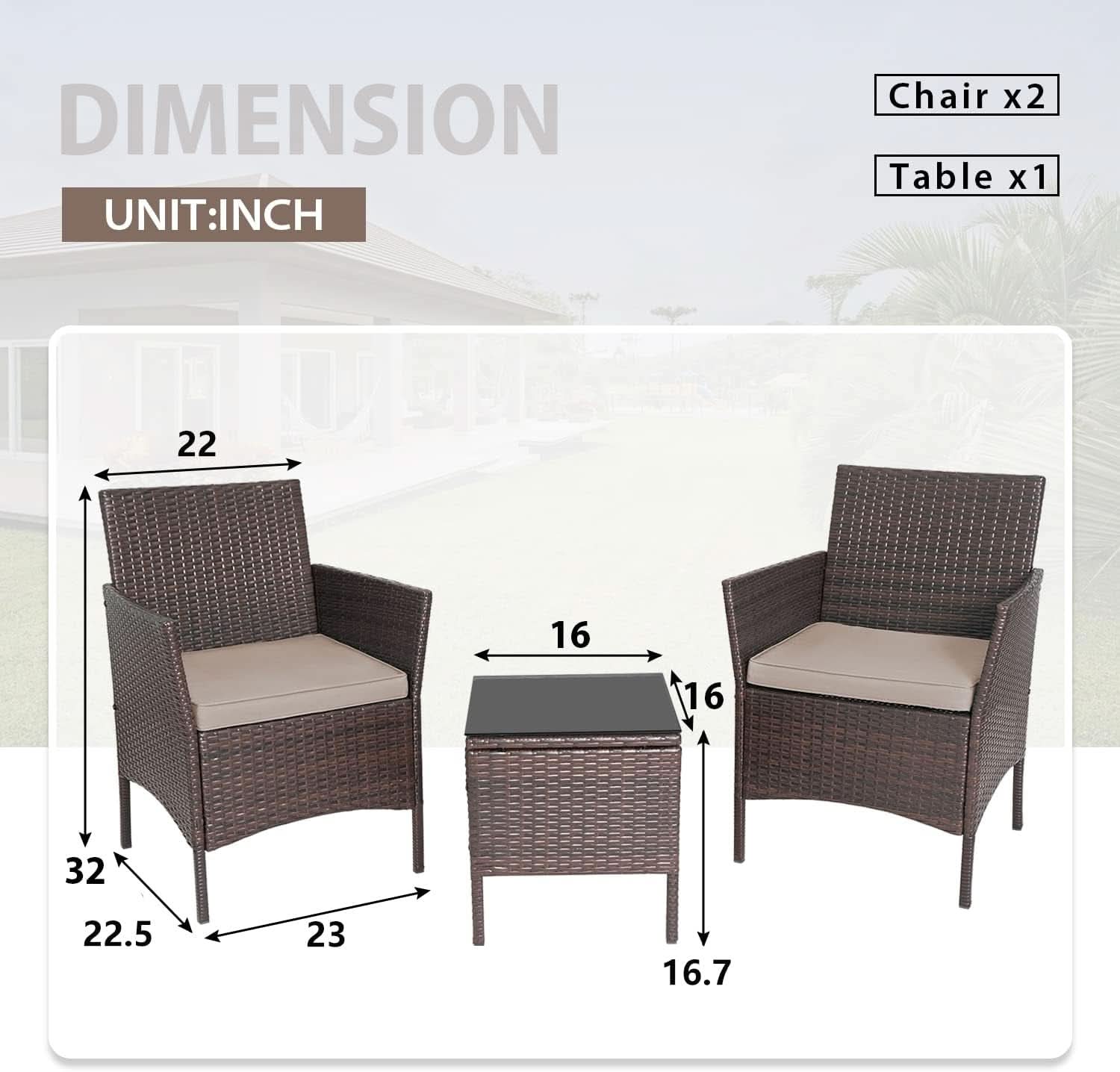 Outdoor Wicker Conversation Bistro Set With 2 Cushions