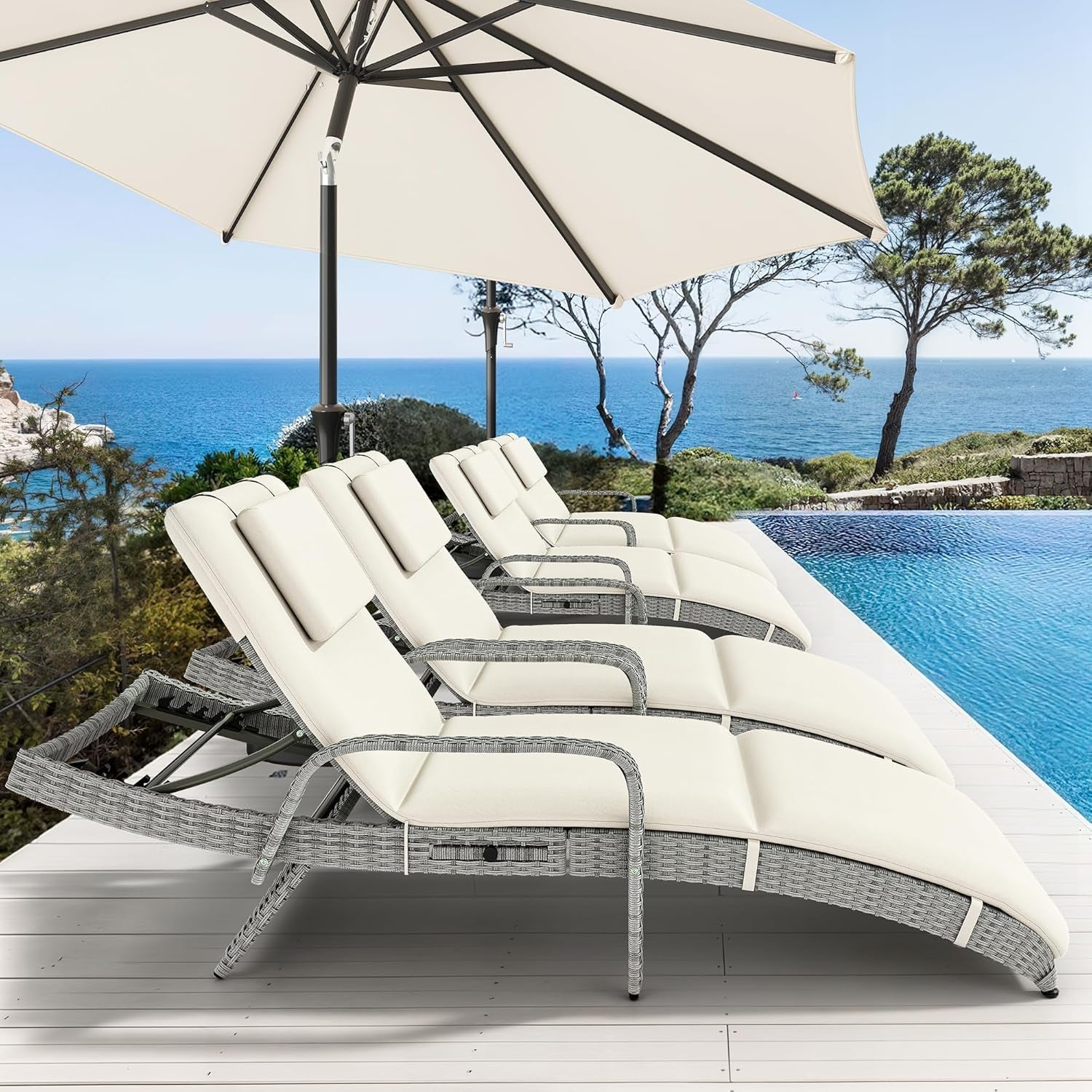 Outdoor Wicker Lounge Chair Set with Adjustable Backrest