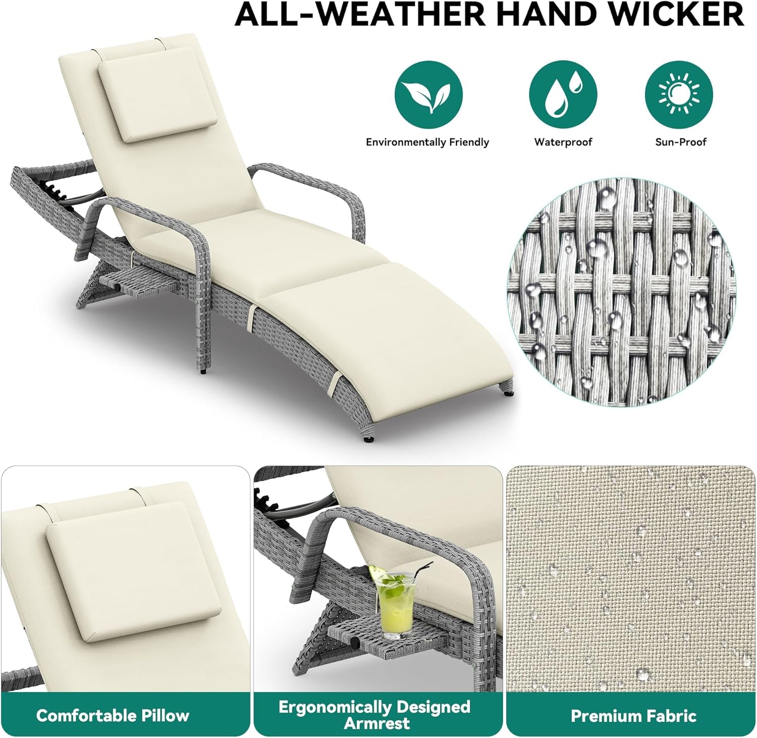 Outdoor Wicker Lounge Chair Set with Adjustable Backrest