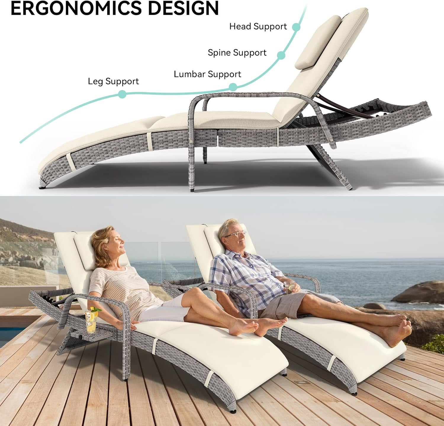 Outdoor Wicker Lounge Chair Set with Adjustable Backrest