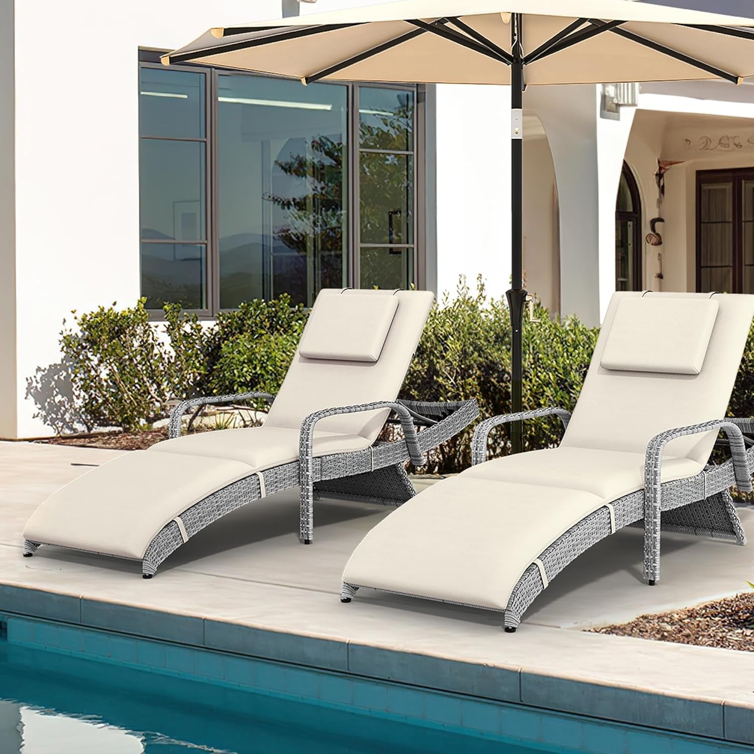 Outdoor Wicker Lounge Chair Set with Adjustable Backrest