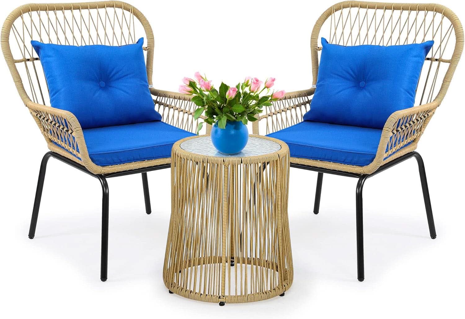 Outdoor Wicker Patio Bistro Set 3 Piece With Glass Table
