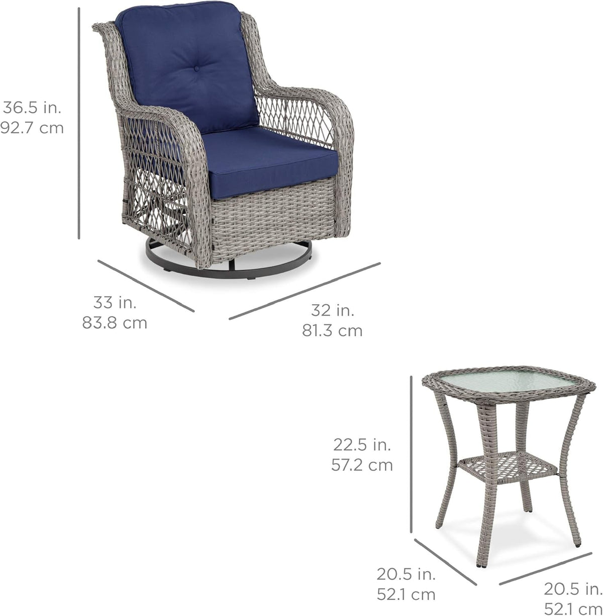 Outdoor Wicker Patio Bistro Set With 2 Swivel Chairs Navy