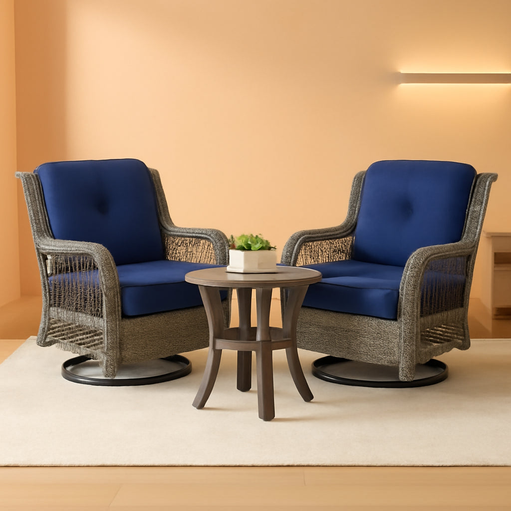 Outdoor Wicker Patio Bistro Set With 2 Swivel Chairs Navy