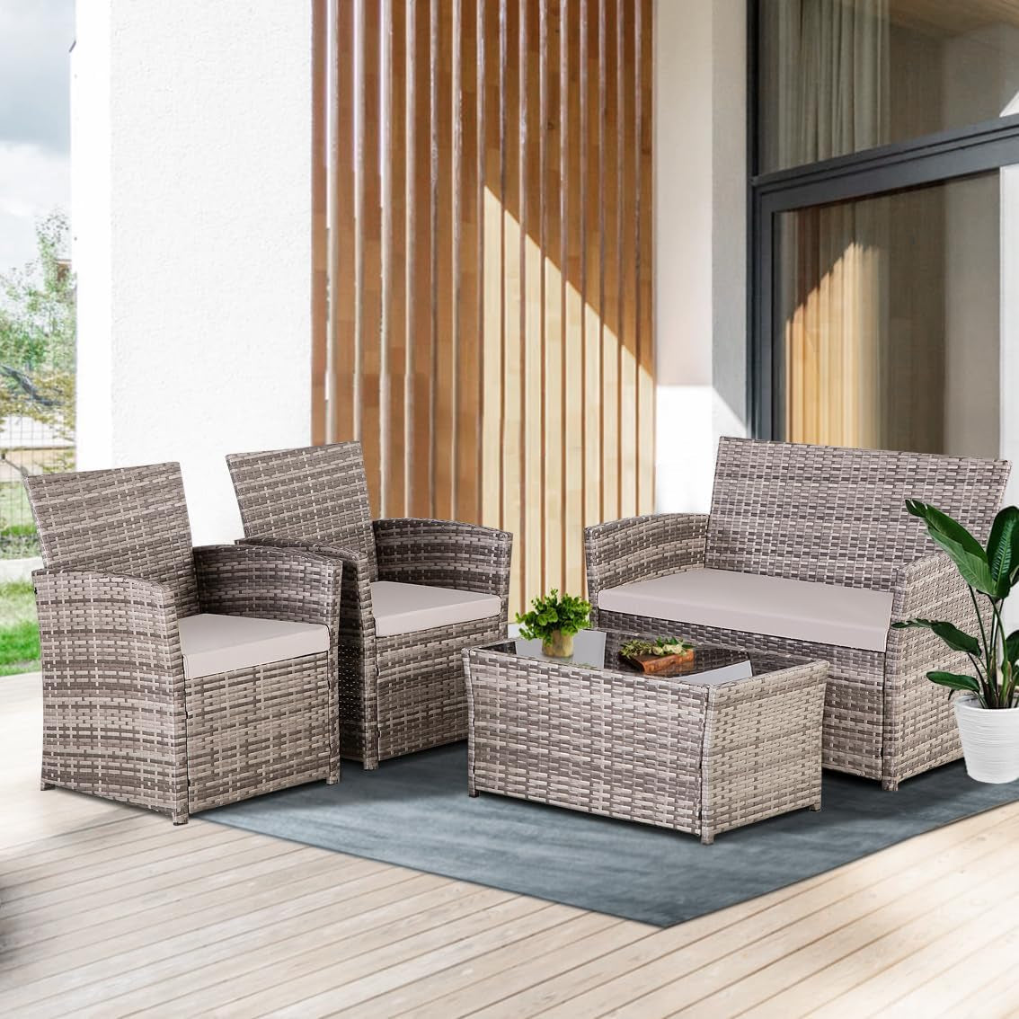 Outdoor Wicker Patio Furniture Set 4 Piece With Glass Table Cushioned Sofa Gray