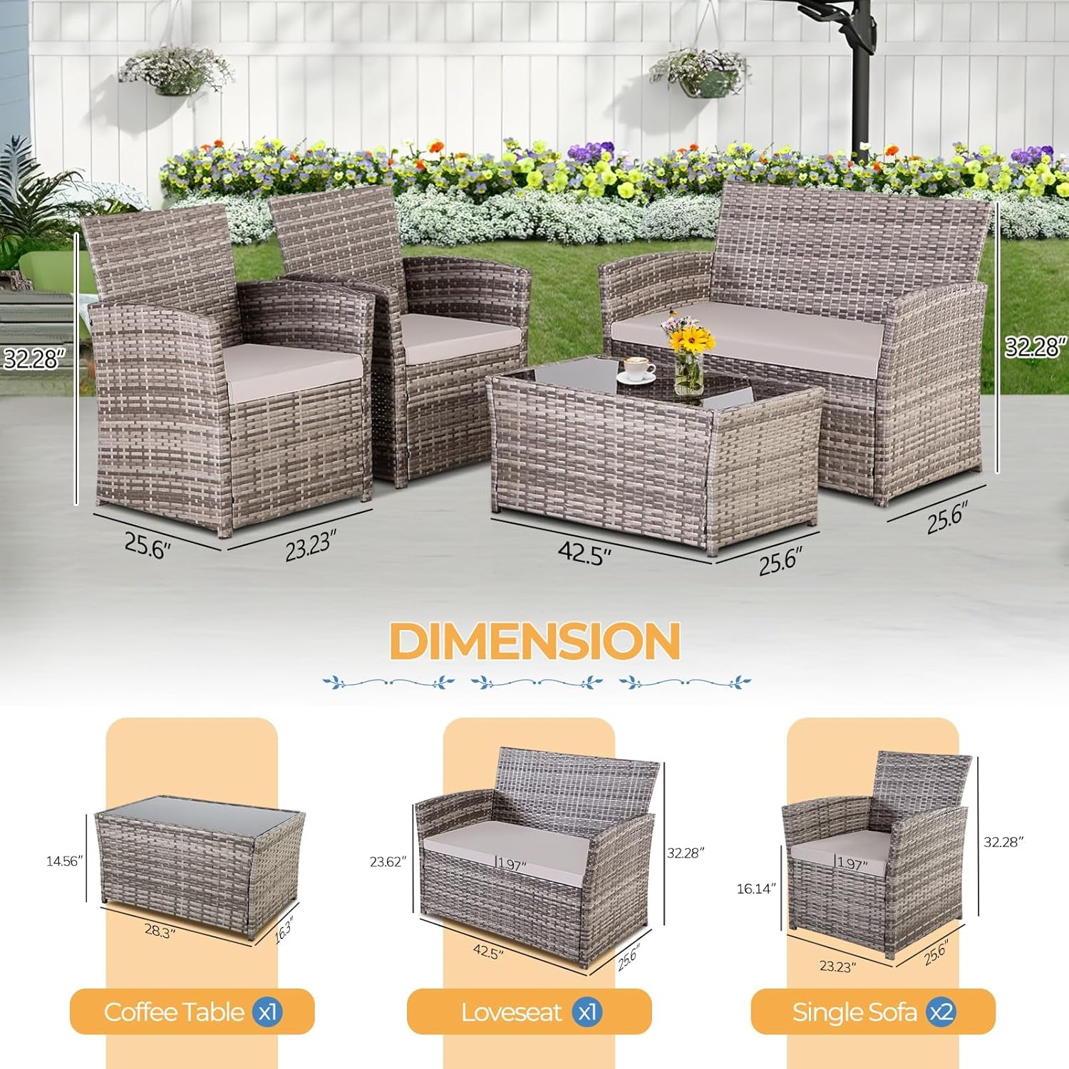 Outdoor Wicker Patio Furniture Set 4 Piece With Glass Table Cushioned Sofa Gray