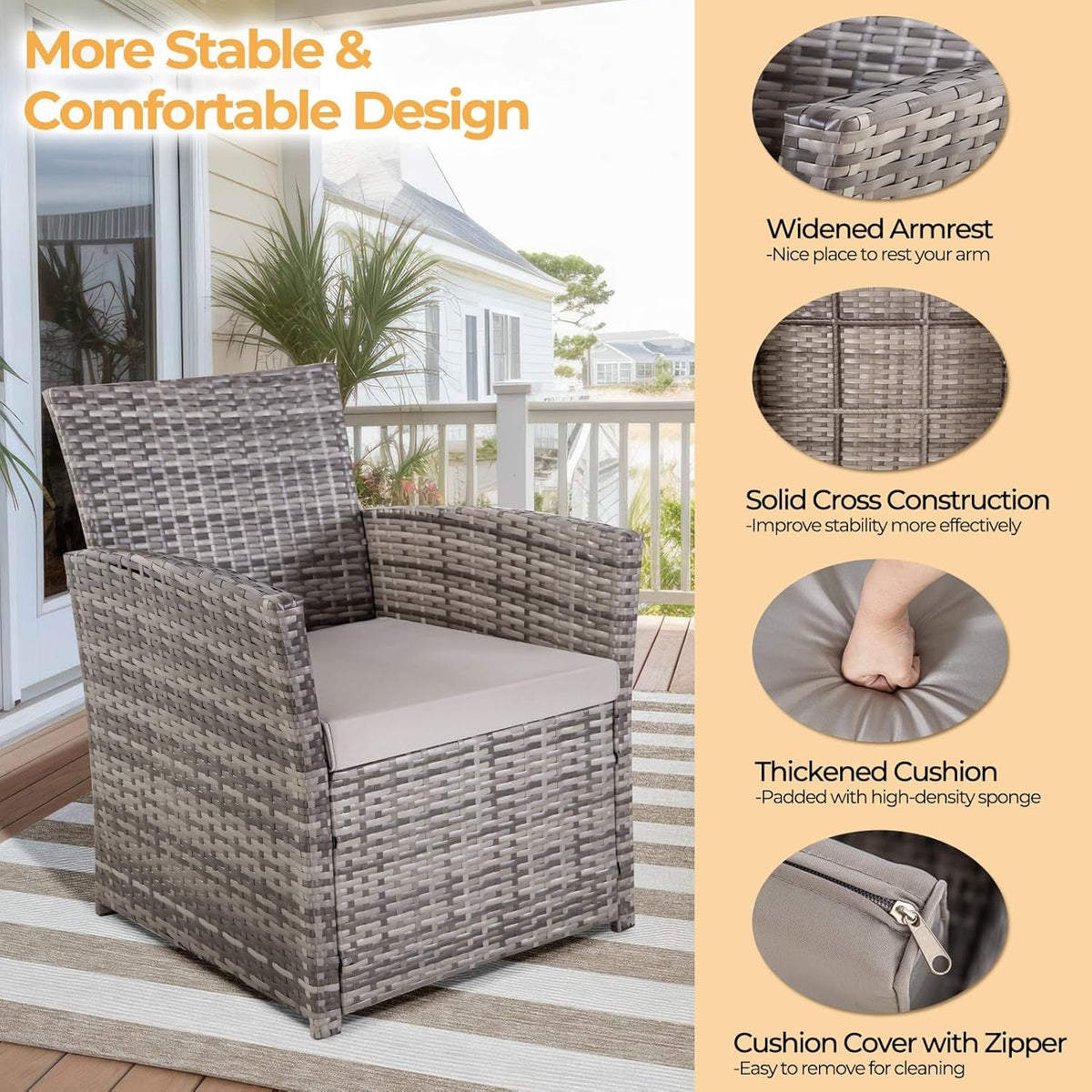 Outdoor Wicker Patio Furniture Set 4 Piece With Glass Table Cushioned Sofa Gray