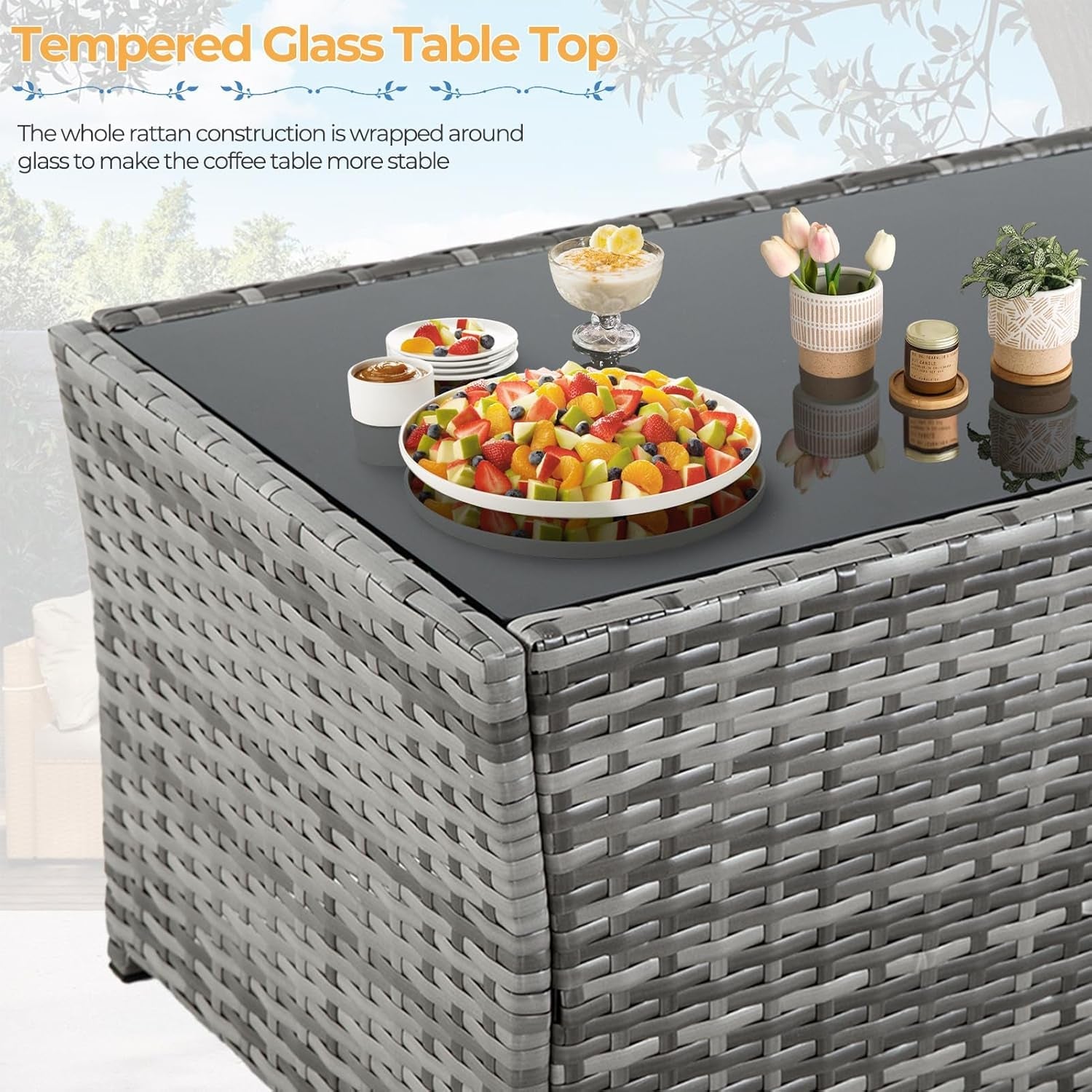 Outdoor Wicker Patio Furniture Set 4 Piece With Glass Table Cushioned Sofa Gray