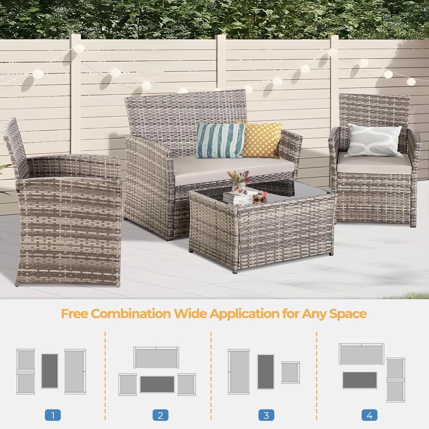 Outdoor Wicker Patio Furniture Set 4 Piece With Glass Table Cushioned Sofa Gray