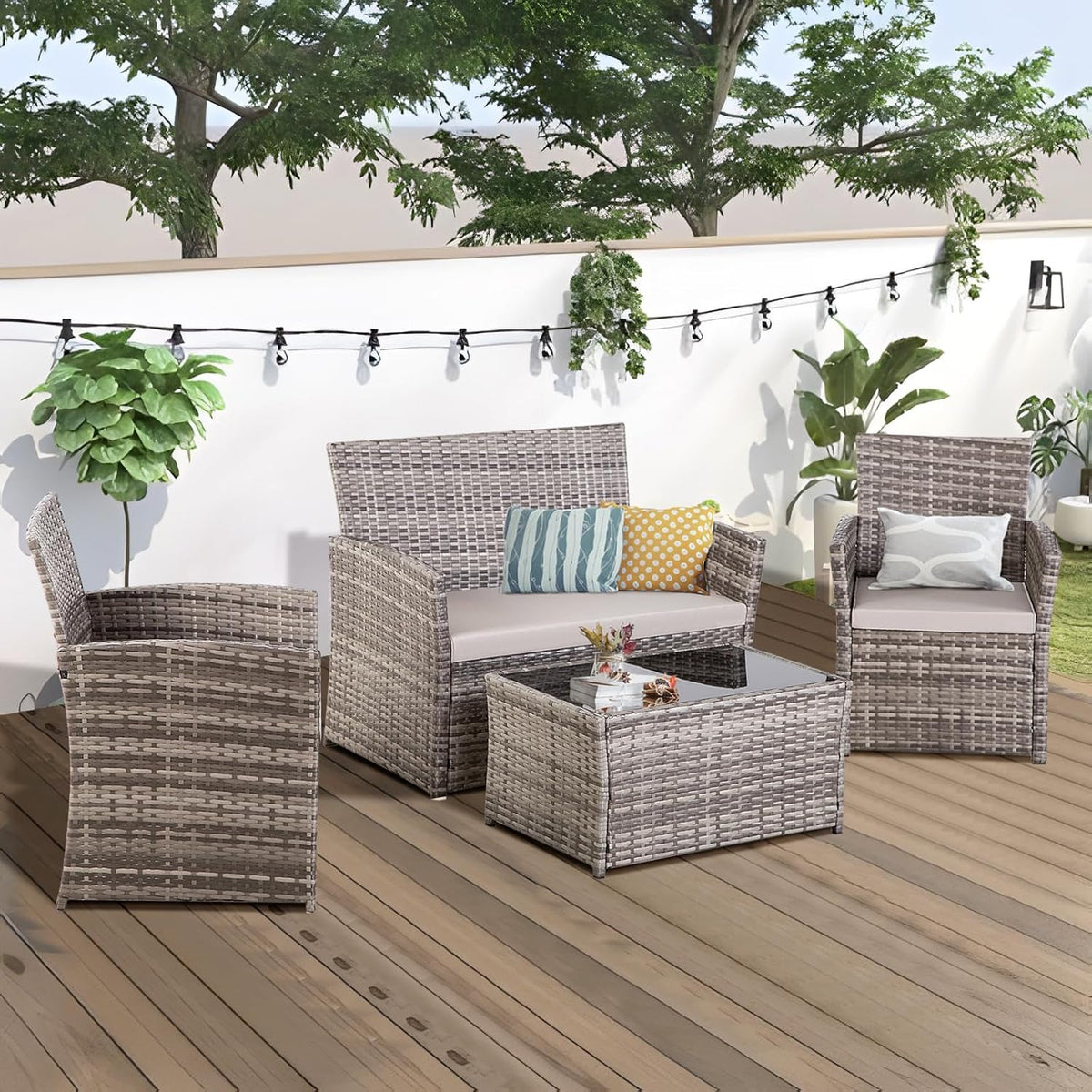 Outdoor Wicker Patio Furniture Set 4 Piece With Glass Table Cushioned Sofa Gray