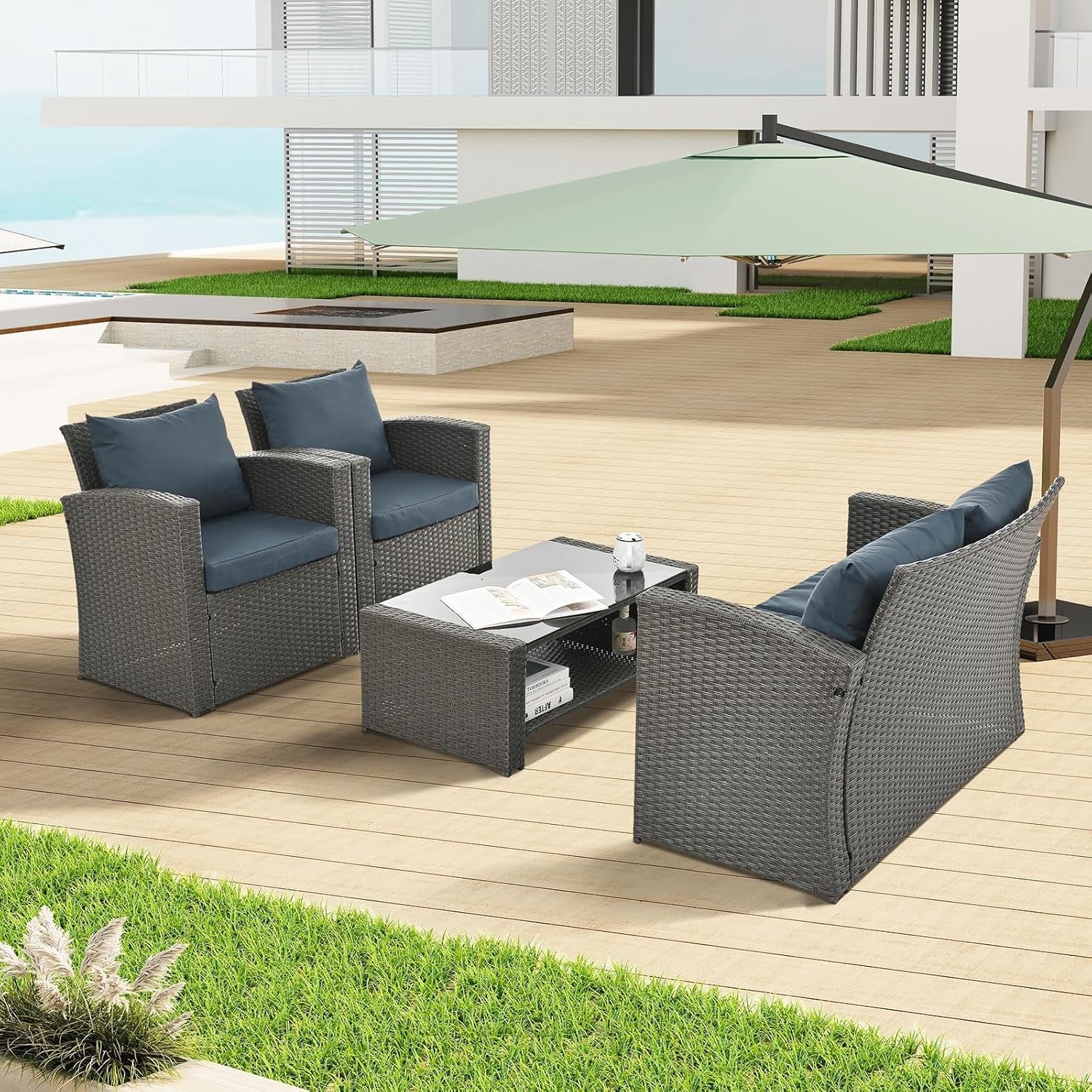 Outdoor Wicker Patio Furniture Set with Cushions and Table