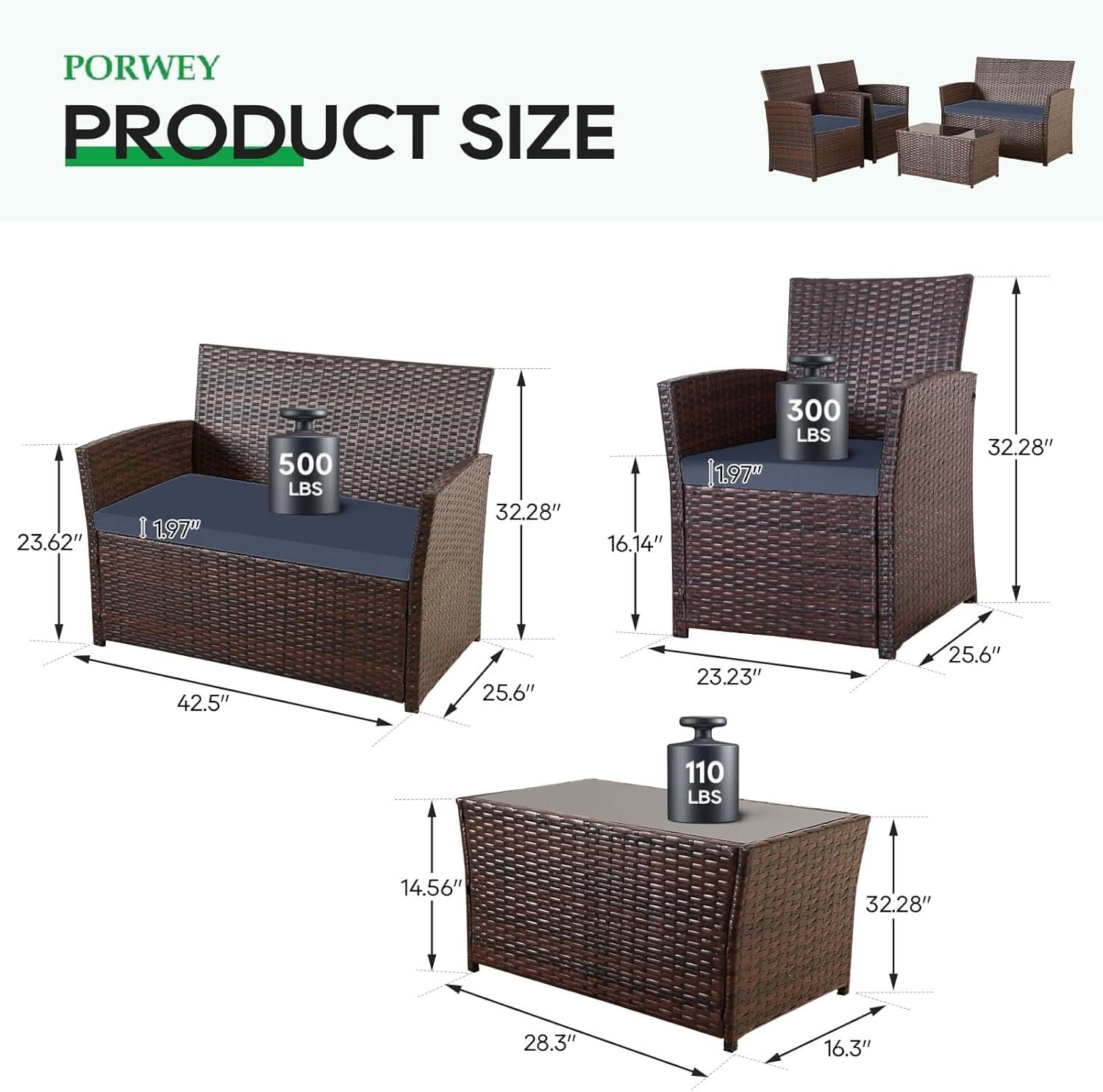 Outdoor Wicker Rattan Sofa Set Blue Cushions 4 Piece