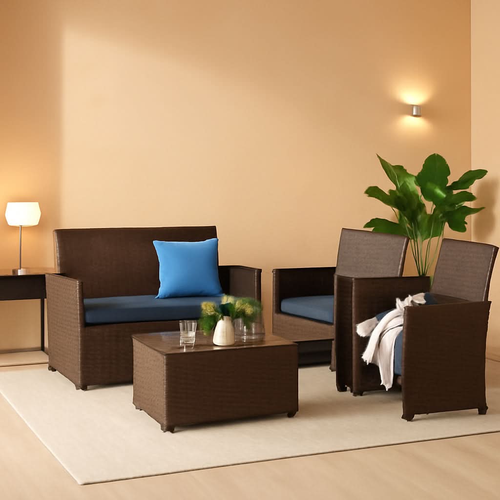 Outdoor Wicker Rattan Sofa Set Blue Cushions 4 Piece