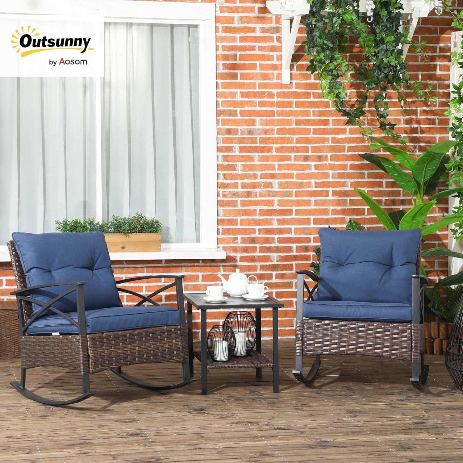 Outdoor Wicker Rocking Chair Set with Cushions and Table