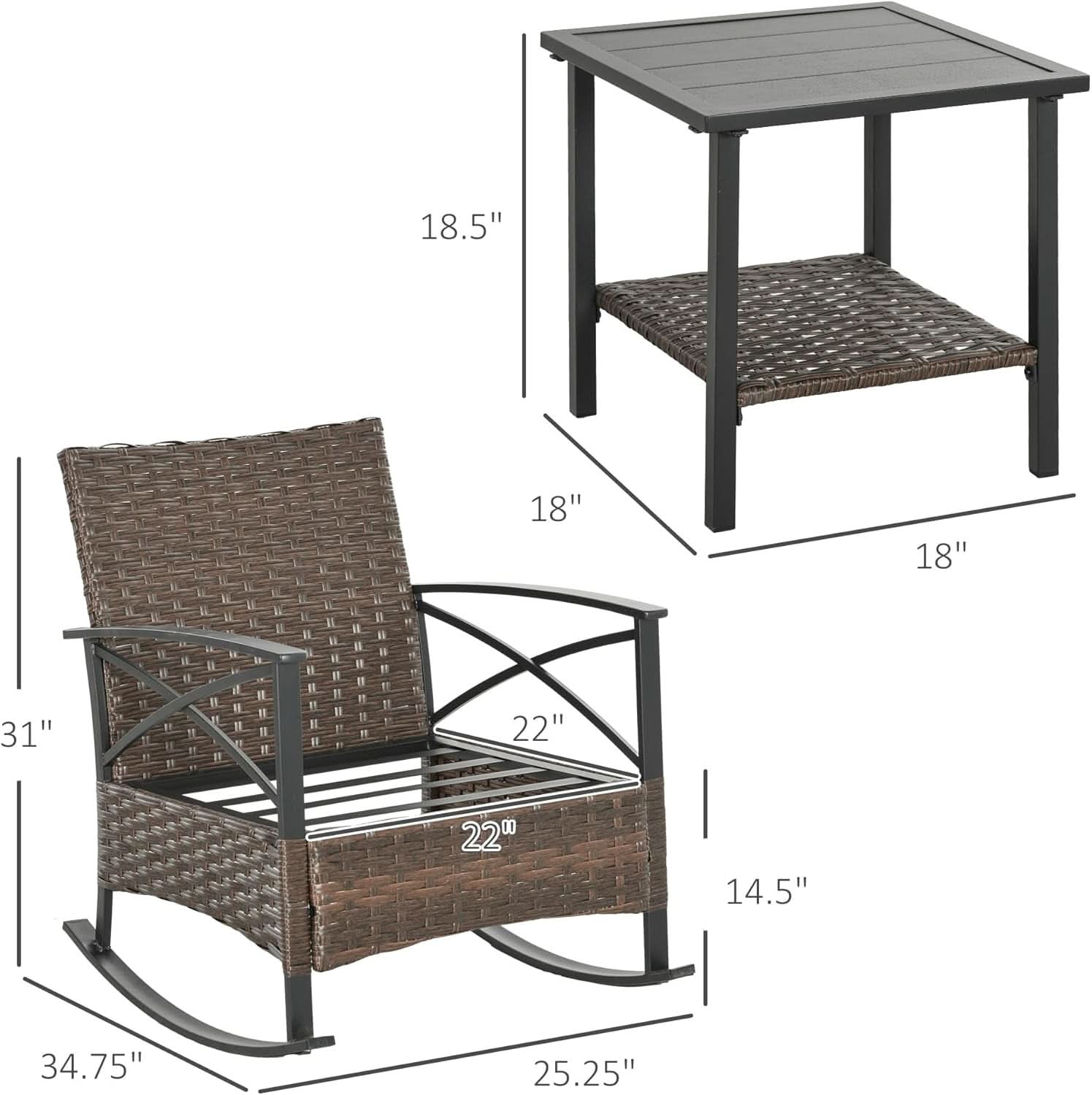 Outdoor Wicker Rocking Chair Set with Cushions and Table