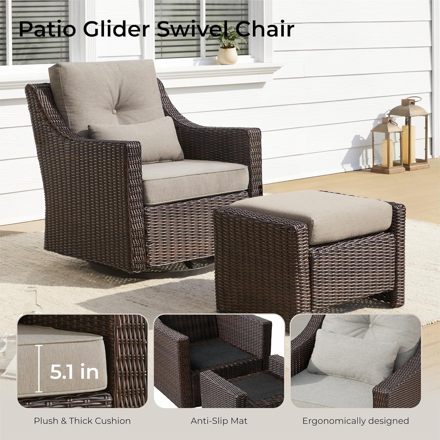 Outdoor Wicker Rocking Chair with Thick Cushions and Swivel