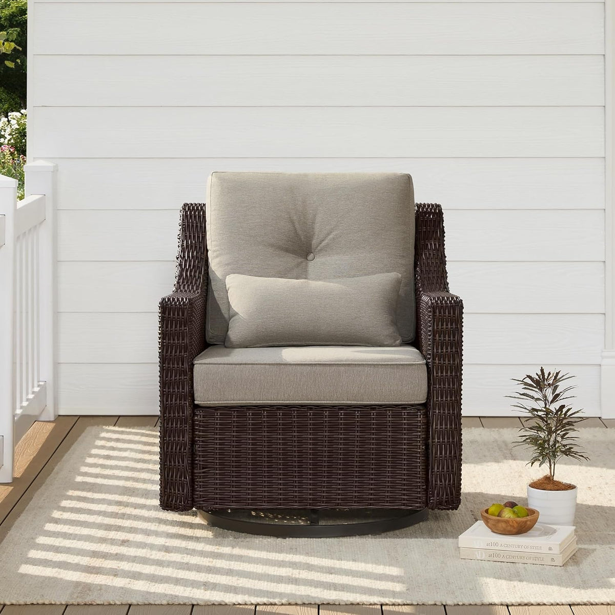 Outdoor Wicker Rocking Chair with Thick Cushions and Swivel