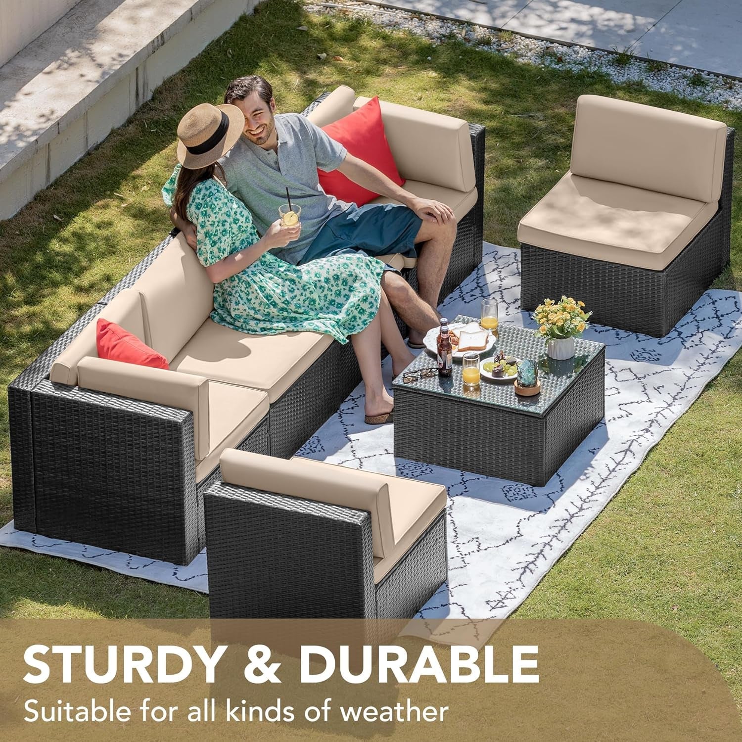 Outdoor Wicker Sectional Sofa Set 7 Piece Beige Cushions