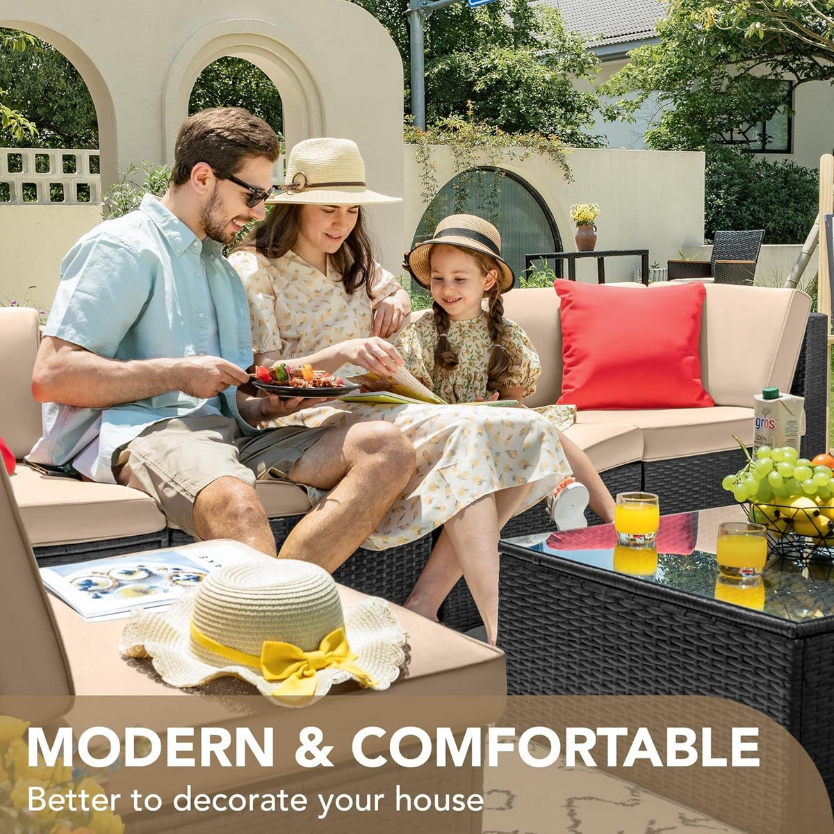 Outdoor Wicker Sectional Sofa Set 7 Piece Beige Cushions