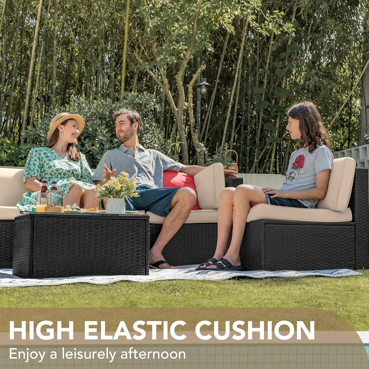 Outdoor Wicker Sectional Sofa Set 7 Piece Beige Cushions