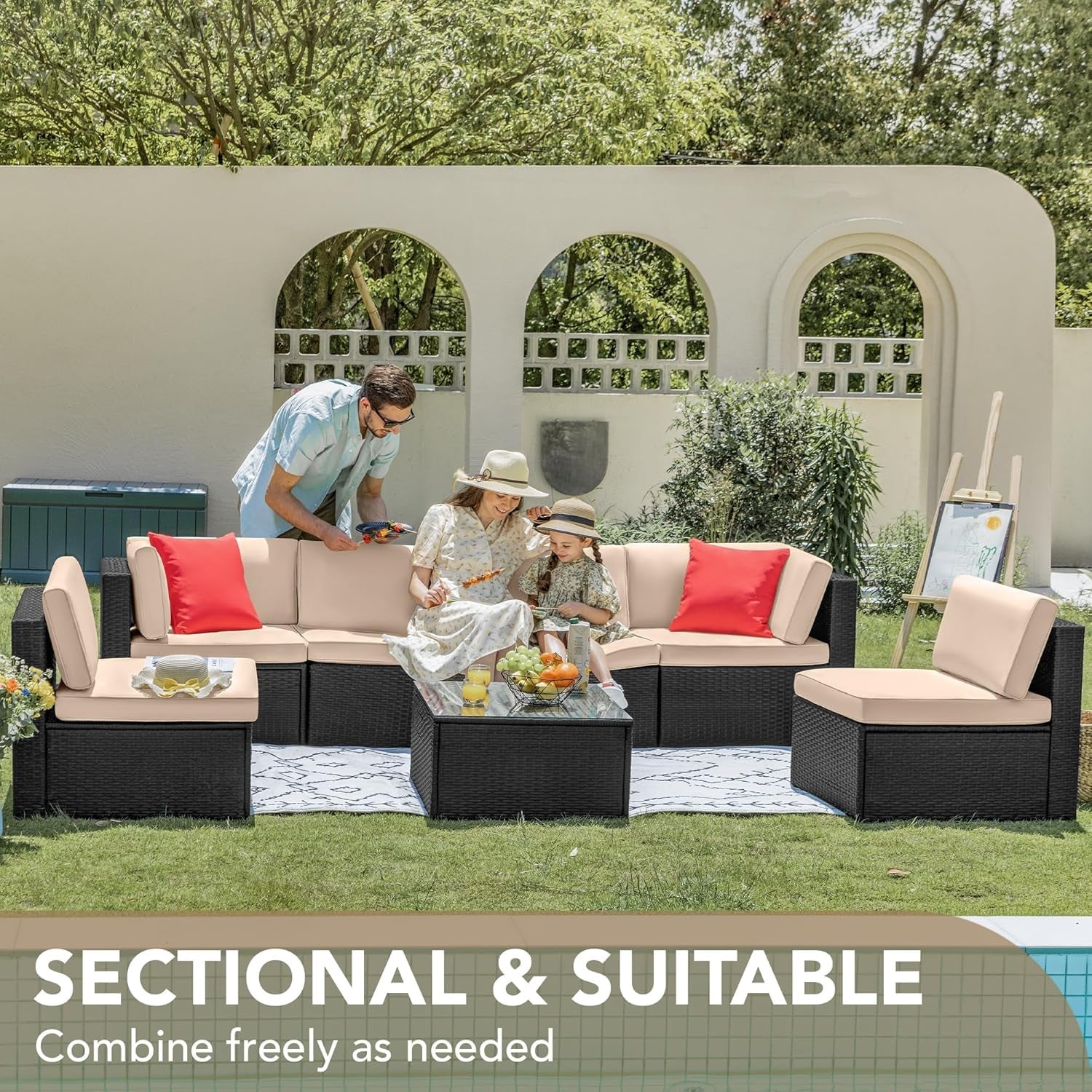 Outdoor Wicker Sectional Sofa Set 7 Piece Beige Cushions