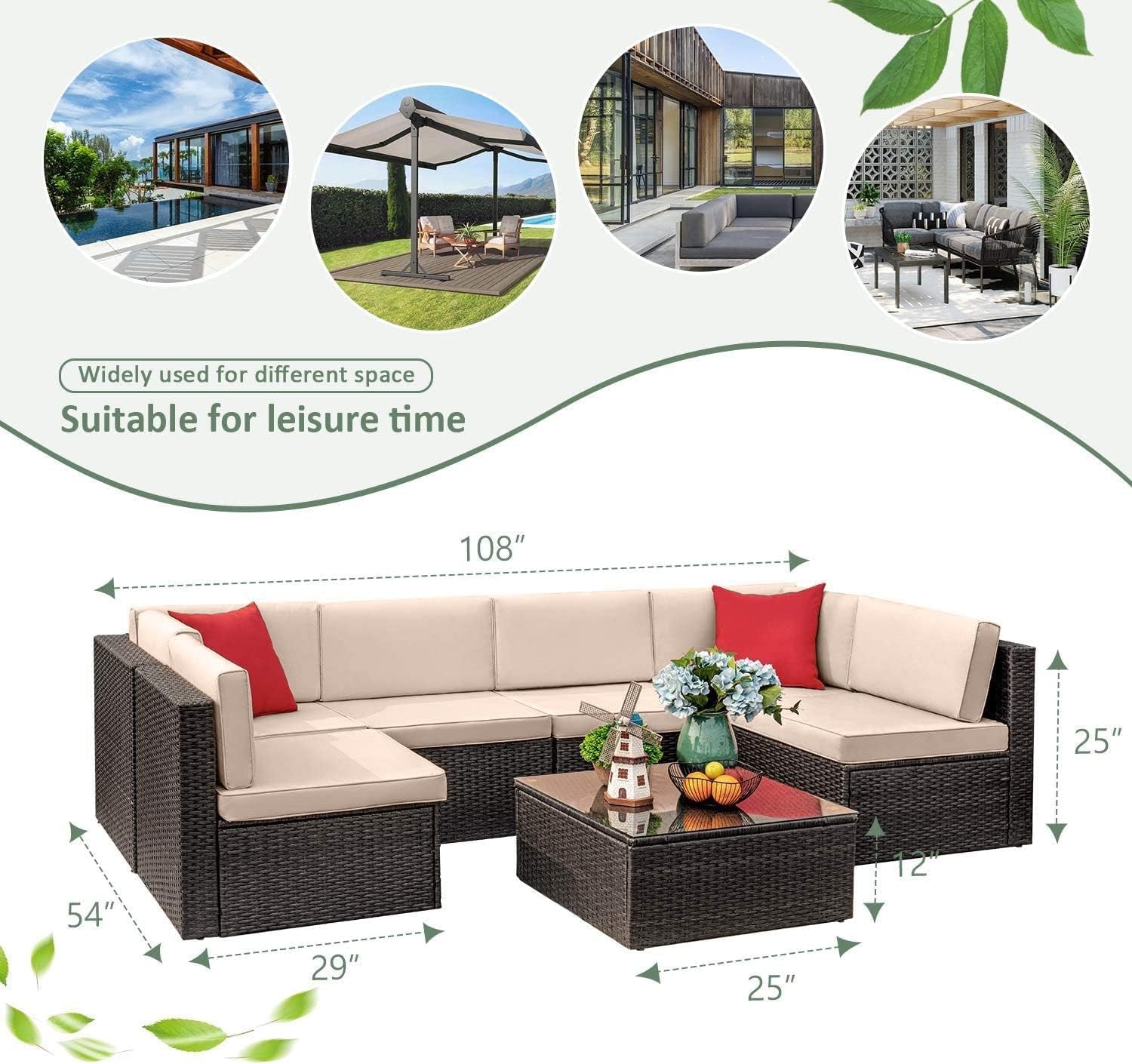 Outdoor Wicker Sectional Sofa Set 7 Piece Beige Cushions