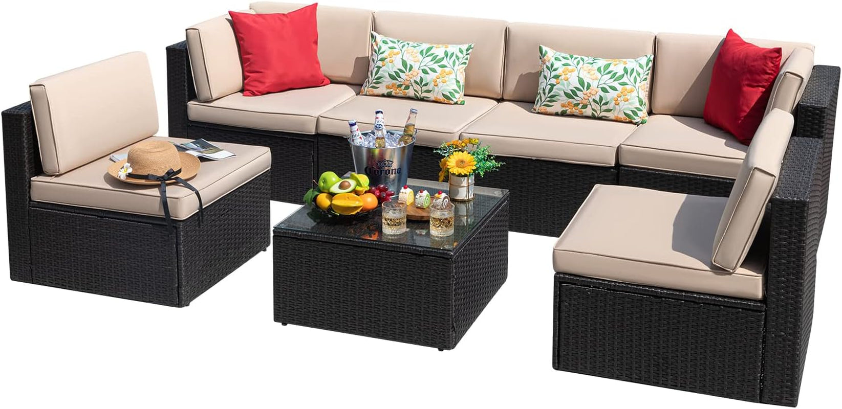 Outdoor Wicker Sectional Sofa Set 7 Piece Beige Cushions