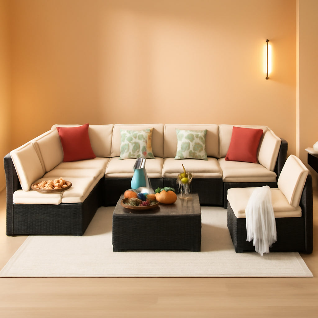 Outdoor Wicker Sectional Sofa Set 7 Piece Beige Cushions