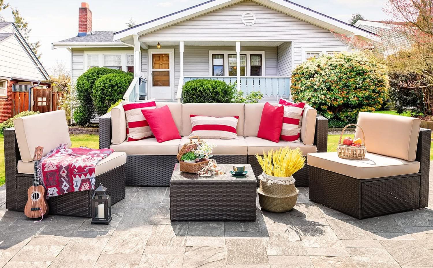 Outdoor Wicker Sectional Sofa Set with Coffee Table
