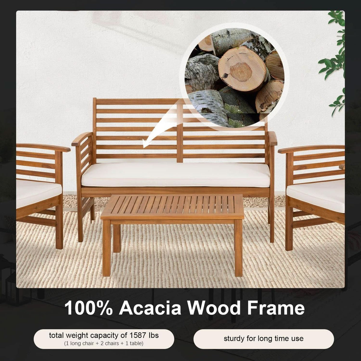 Outdoor Wood Sofa Set Natural Acacia With Thick Cushions