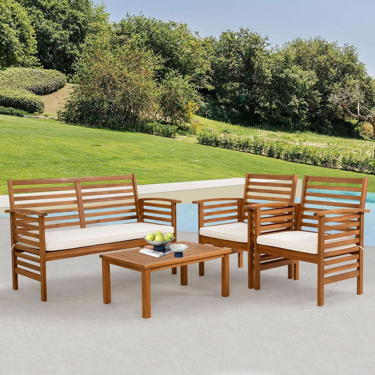 Outdoor Wood Sofa Set Natural Acacia With Thick Cushions