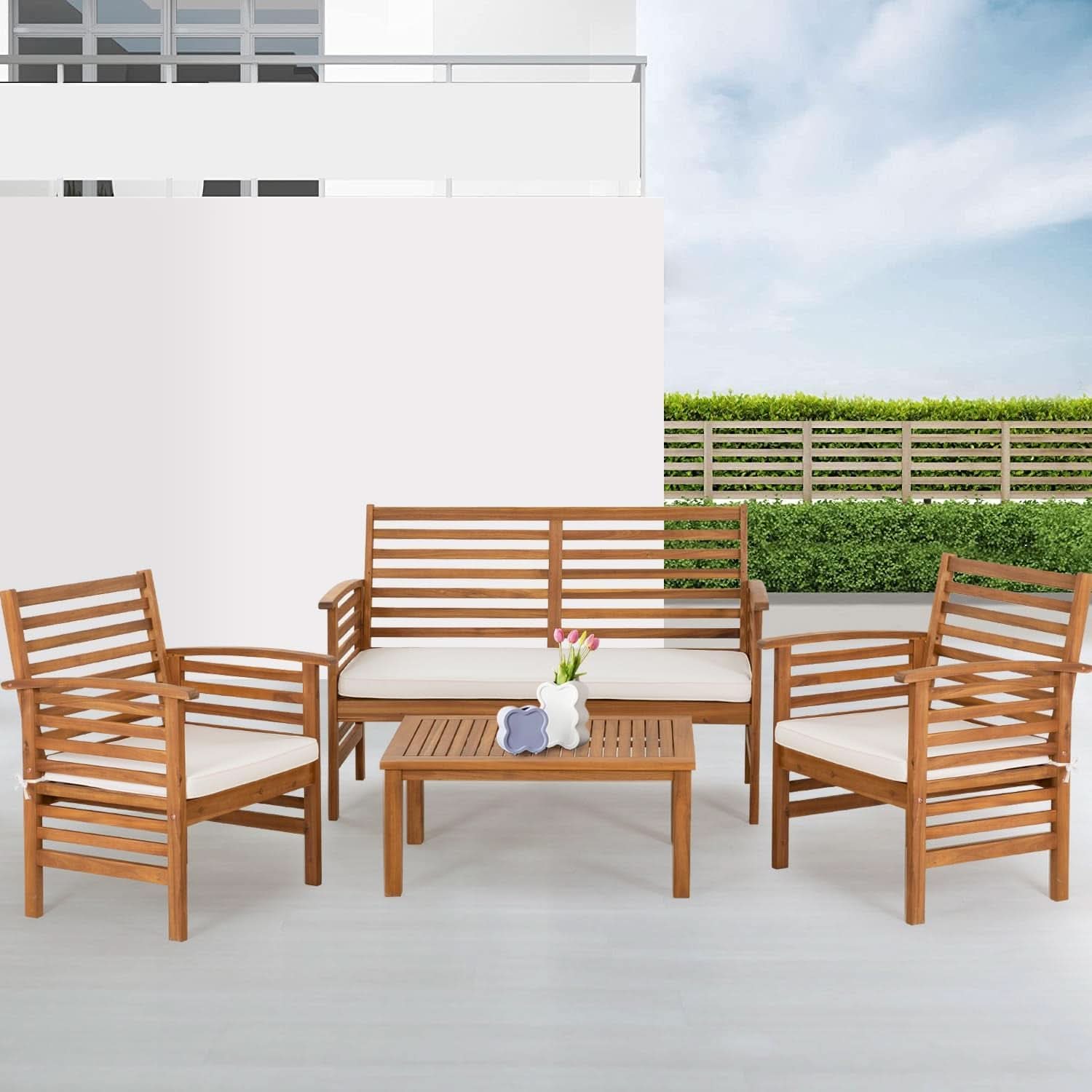 Outdoor Wood Sofa Set Natural Acacia With Thick Cushions