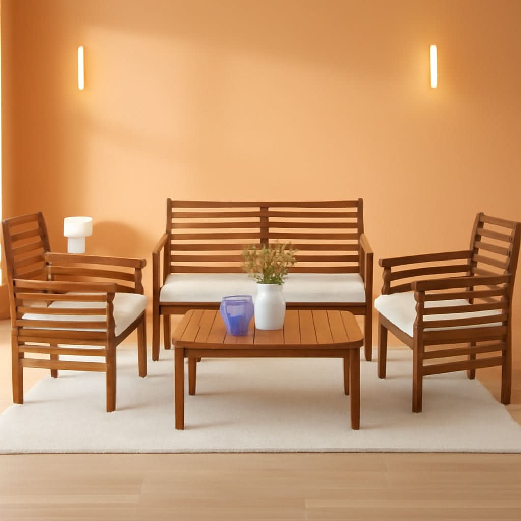 Outdoor Wood Sofa Set Natural Acacia With Thick Cushions