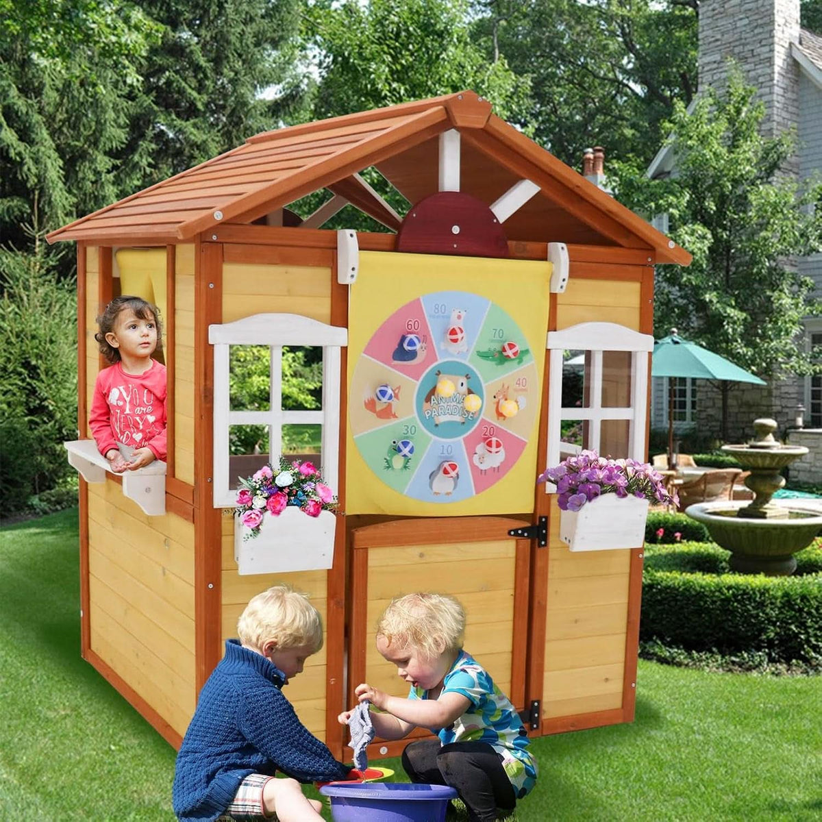 Outdoor Wooden Playhouse For Kids Weatherproof Doors