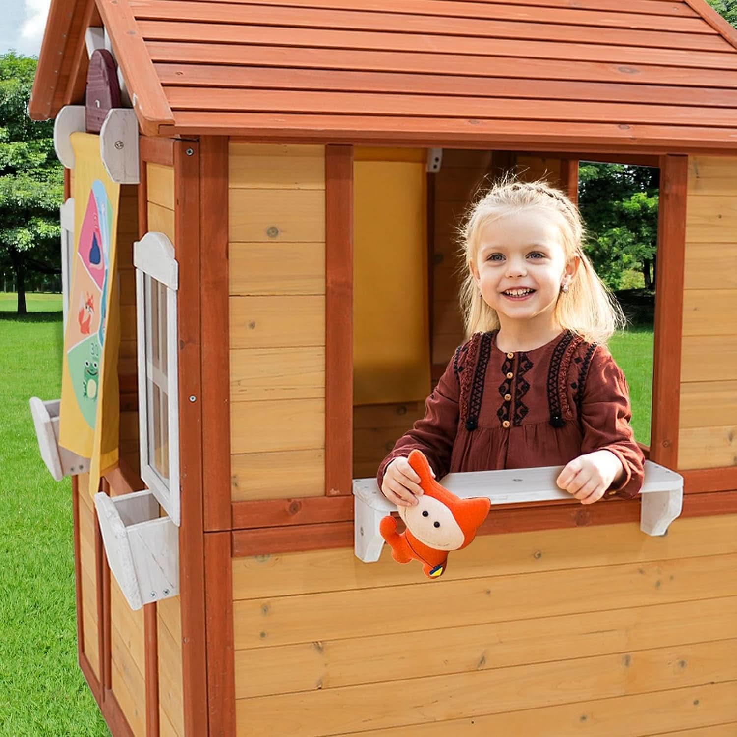 Outdoor Wooden Playhouse For Kids Weatherproof Doors