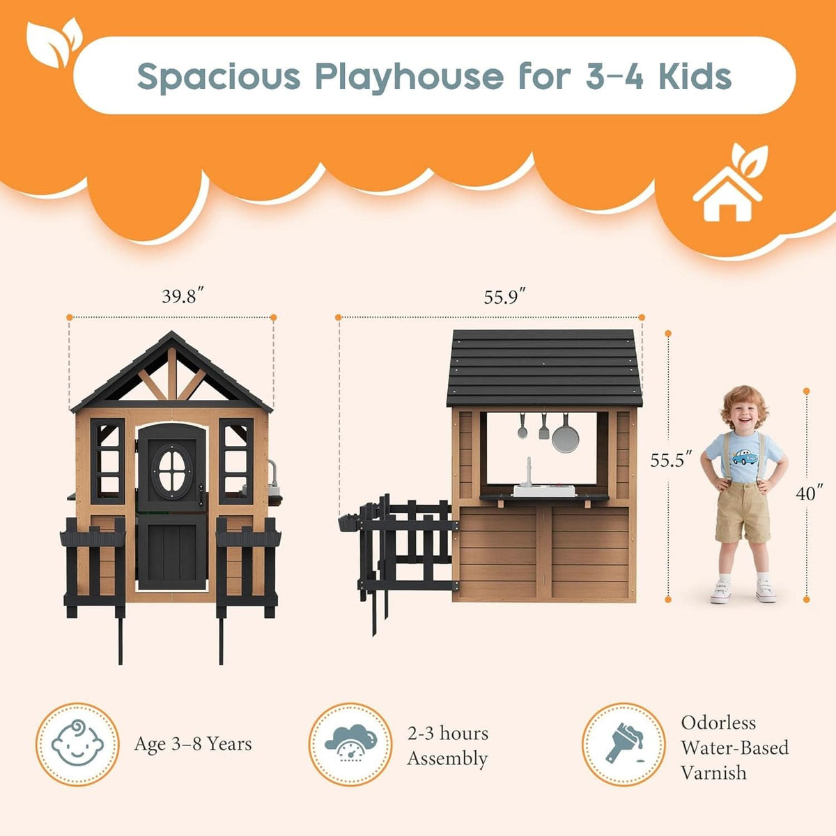 Outdoor Wooden Playhouse With Kitchen Weather proof Roof