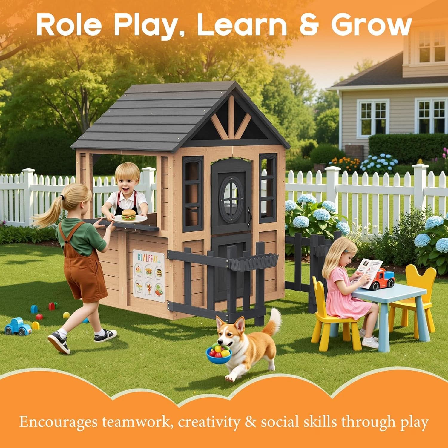 Outdoor Wooden Playhouse With Kitchen Weather proof Roof