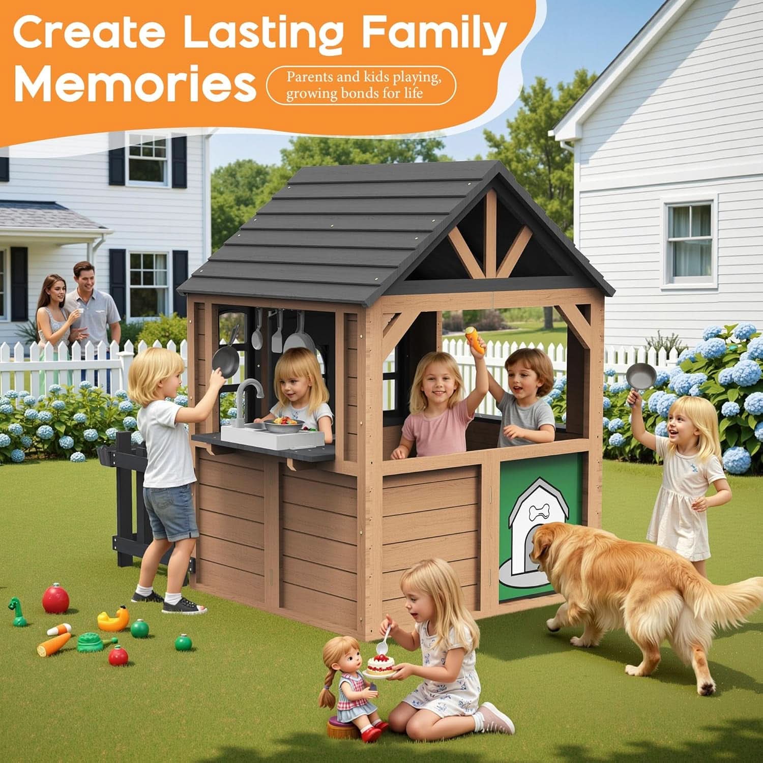 Outdoor Wooden Playhouse With Kitchen Weather proof Roof