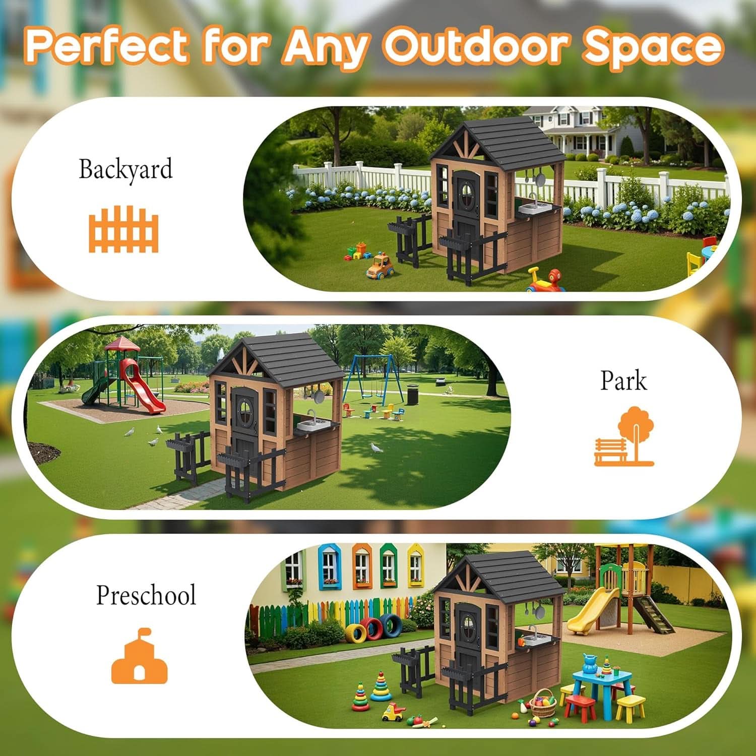Outdoor Wooden Playhouse With Kitchen Weather proof Roof