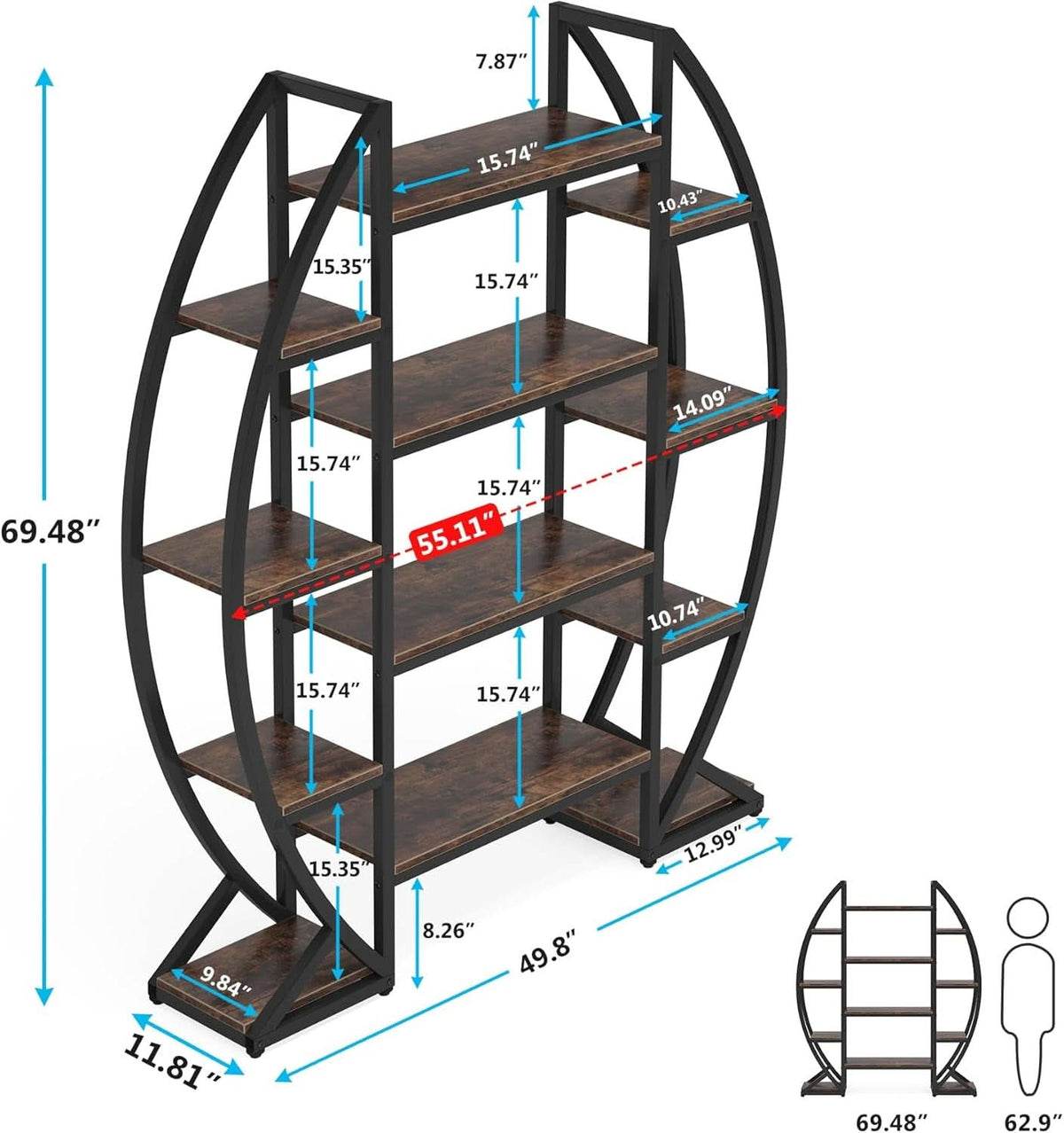 Oval 55 Inch Brown Industrial Display Etagere Bookcase