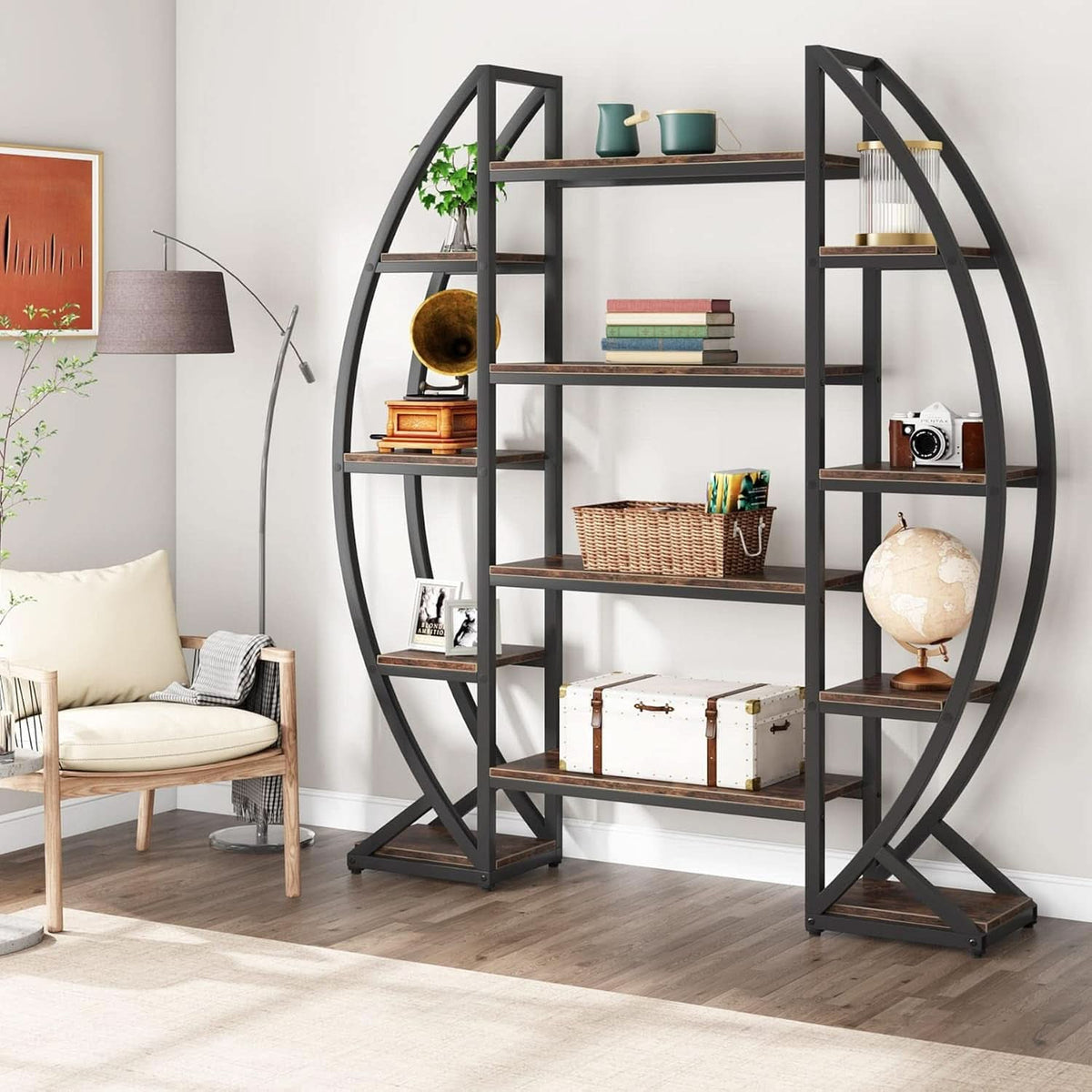 Oval 55 Inch Brown Industrial Display Etagere Bookcase
