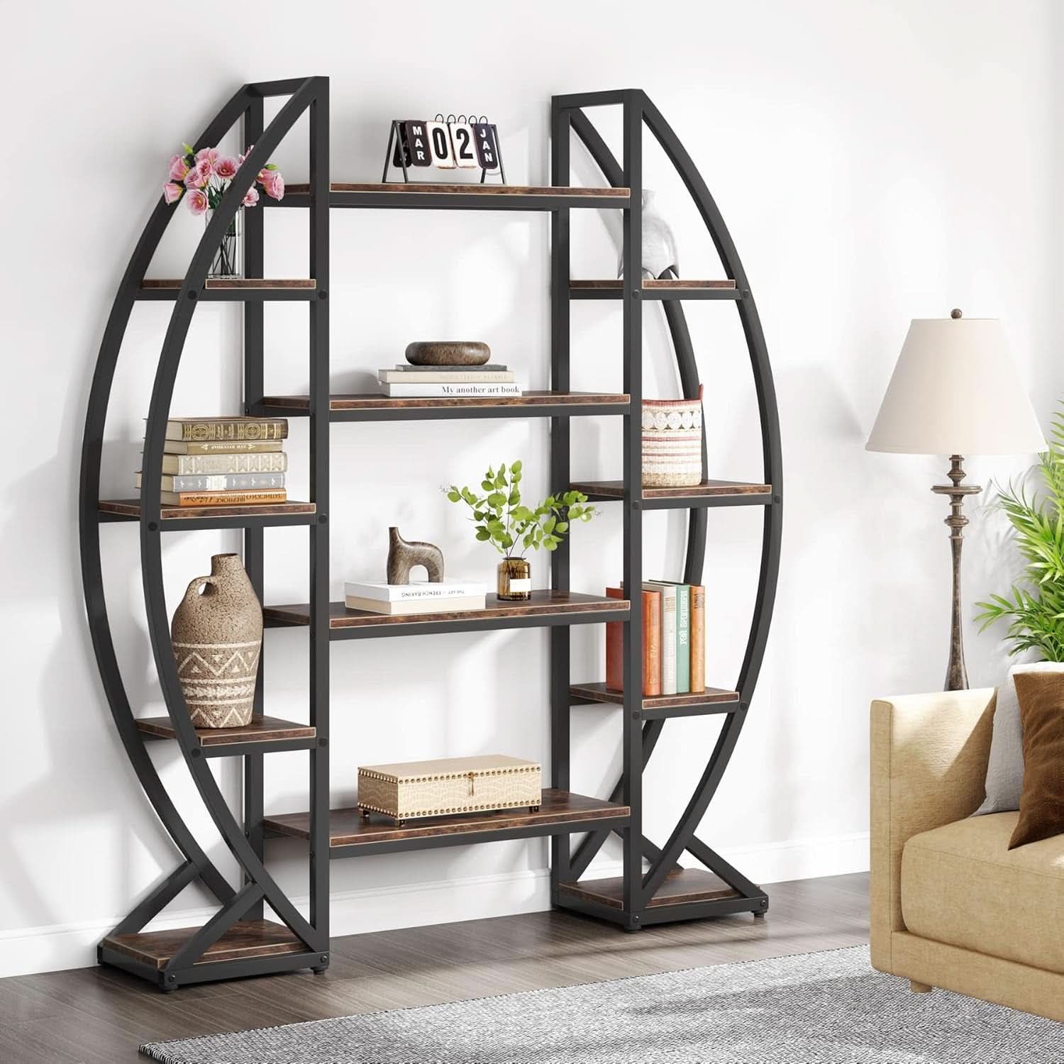 Oval 55 Inch Brown Industrial Display Etagere Bookcase