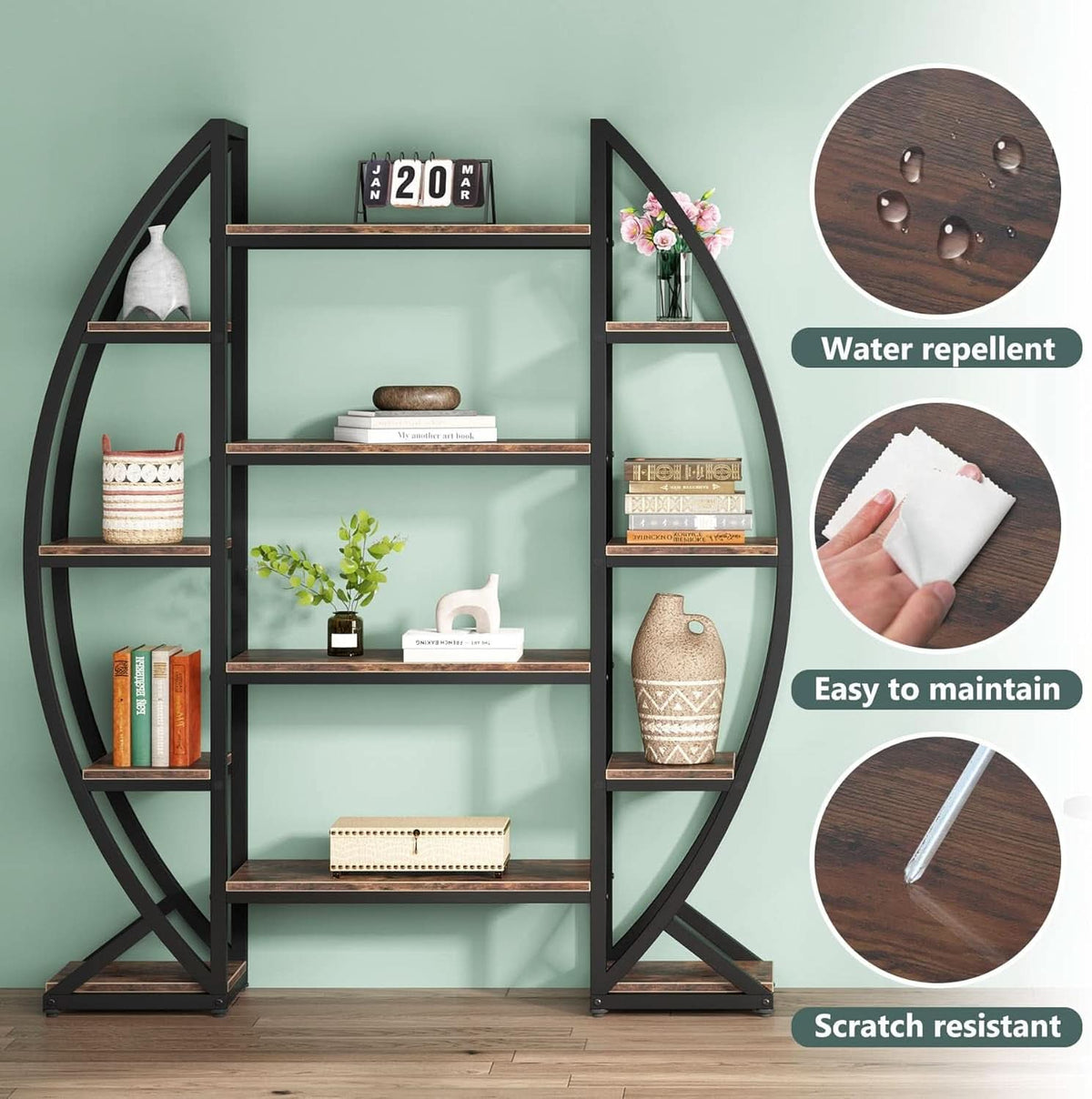 Oval 55 Inch Brown Industrial Display Etagere Bookcase