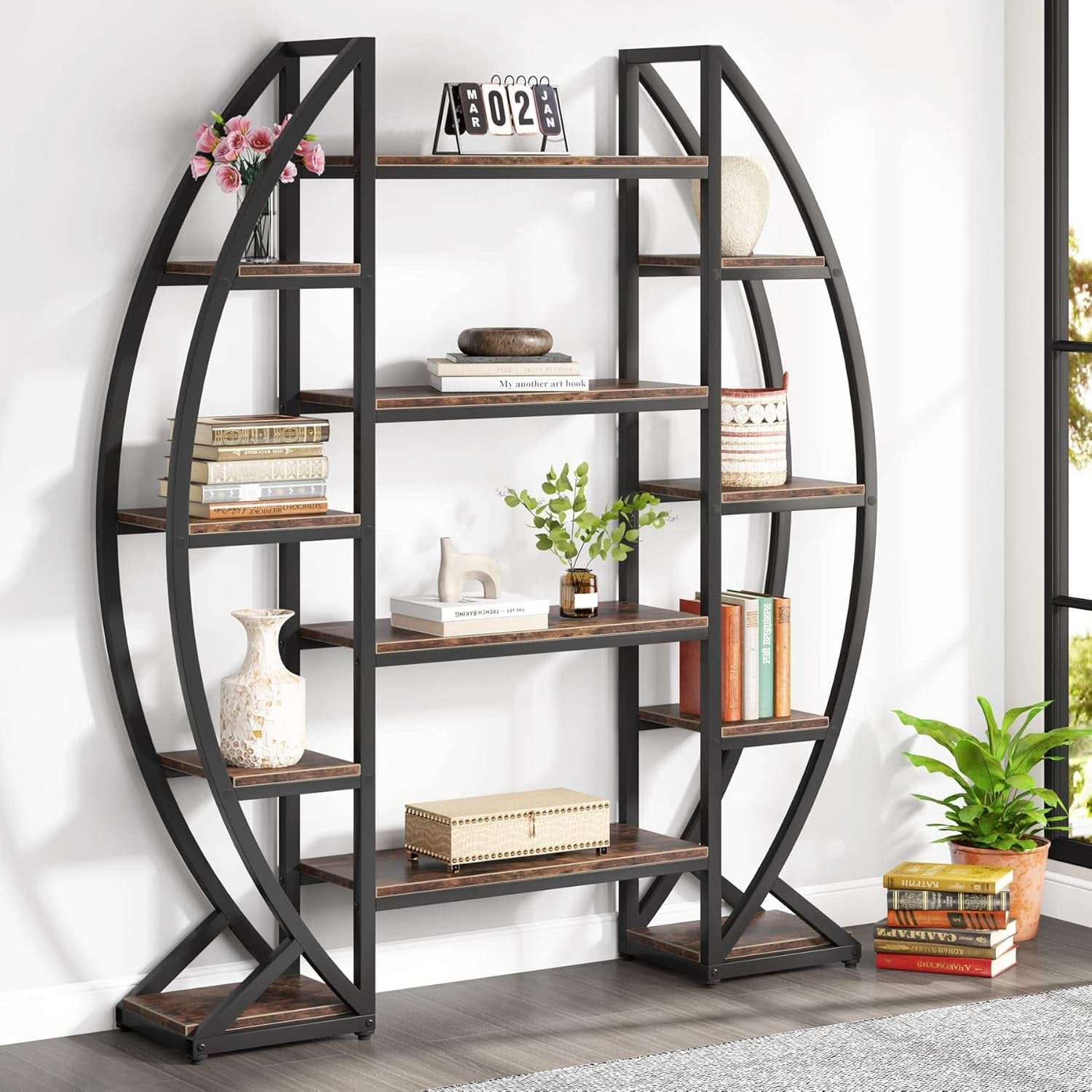 Oval 55 Inch Brown Industrial Display Etagere Bookcase