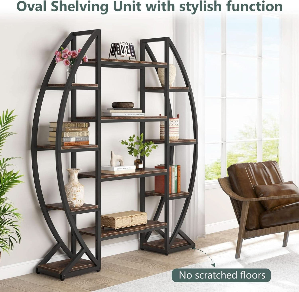 Oval 55 Inch Brown Industrial Display Etagere Bookcase