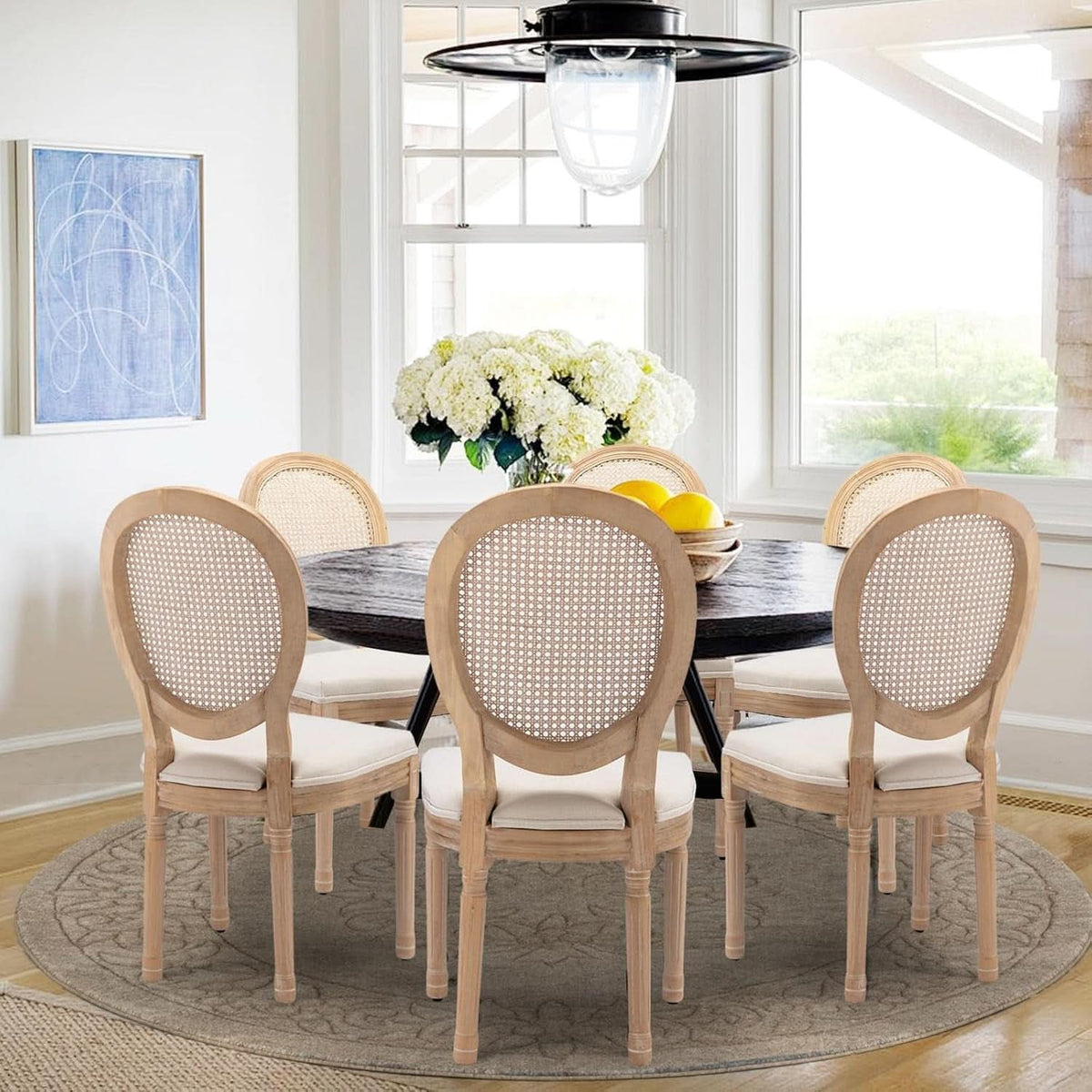 Oval Back Rattan Upholstered Dining Chairs Set Of 6 Beige With Wood Legs