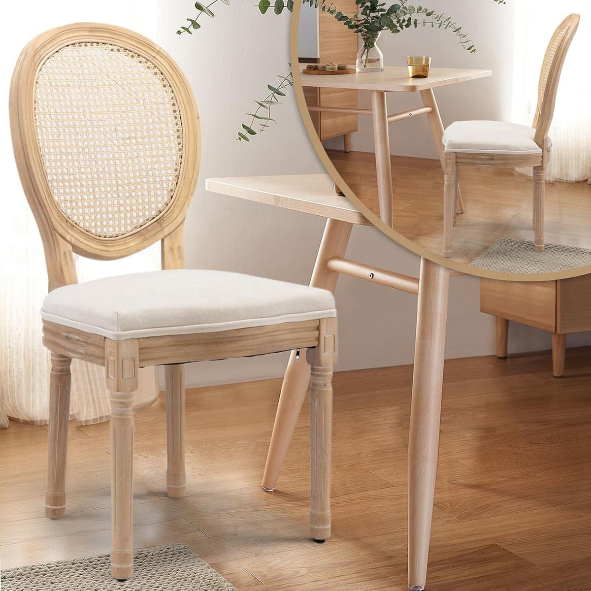 Oval Back Rattan Upholstered Dining Chairs Set Of 6 Beige With Wood Legs